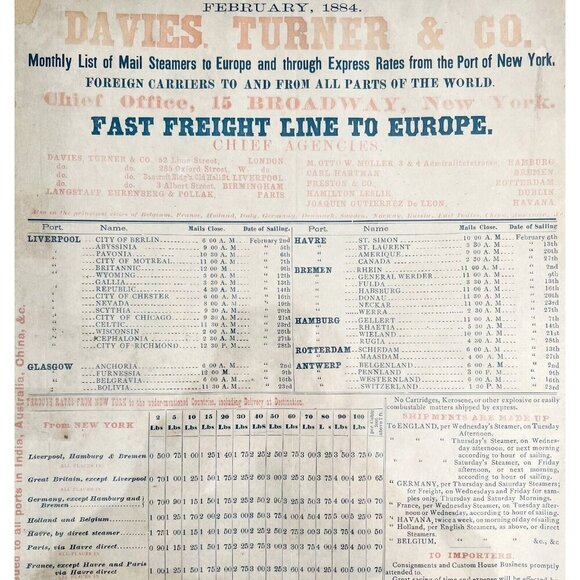 Davies Turner & Co 1884 Steamship Freight Line Schedule Victorian NY Port HM1B - Picture 1 of 3